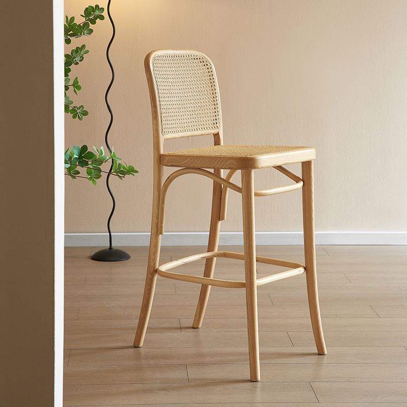 Contemporary Armless Rattan Bar Stool with Ash Solid Wood Base