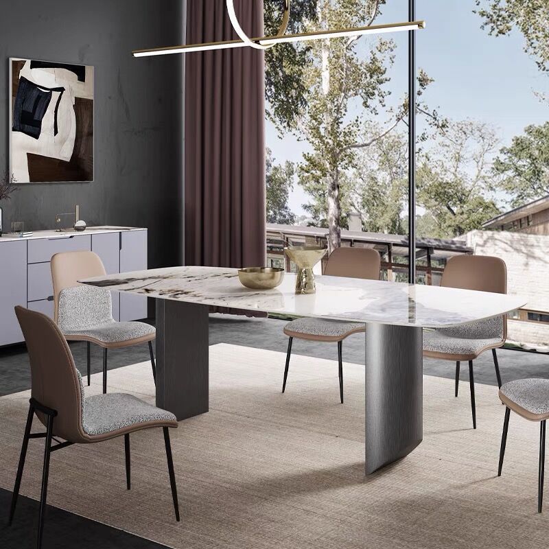 Rectangle Sintered Stone Top Table Modern Grey Metal Base Table