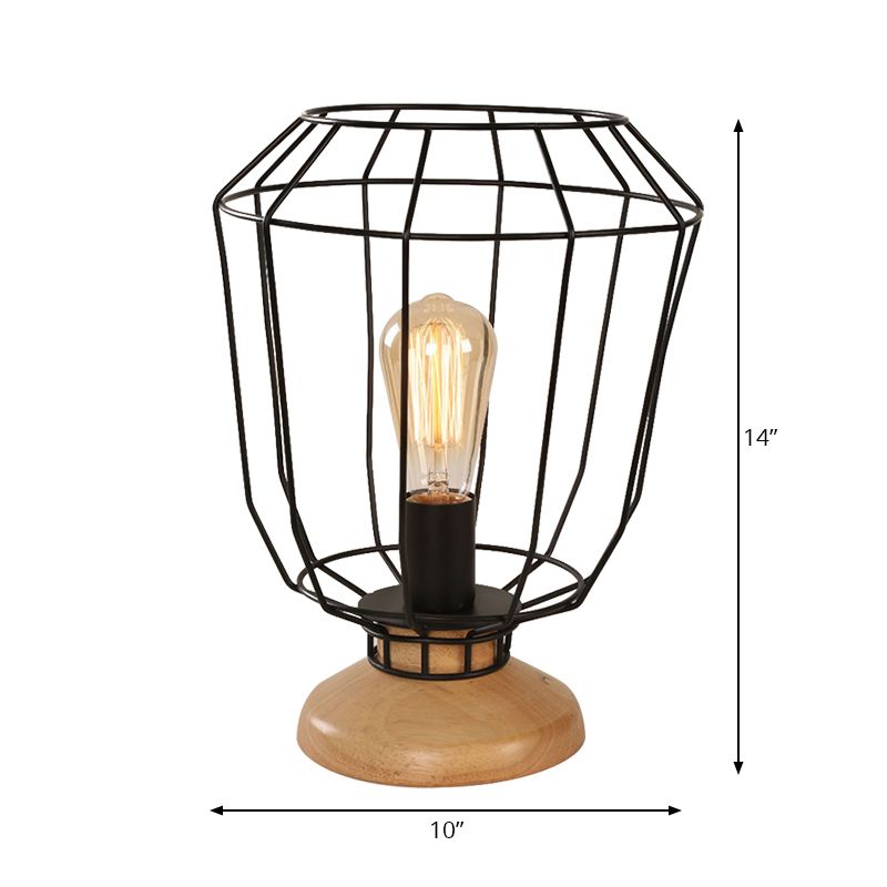 1 lampe de table de bulbe industrielle élégante poire / barillet ombre en métal et lampe à tâche en bois avec garde de fil en noir pour chambre à coucher
