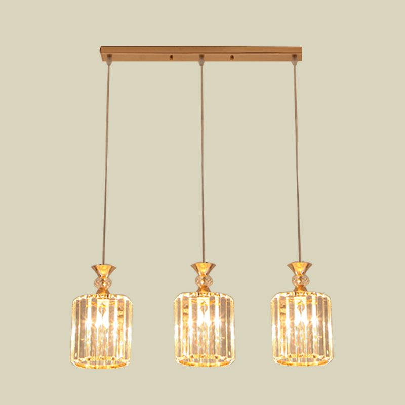Gold Cylinder Ceiling Suspension Light Simple 3 Lights Crystal Prisms Multi Pendant Lamp Fixture