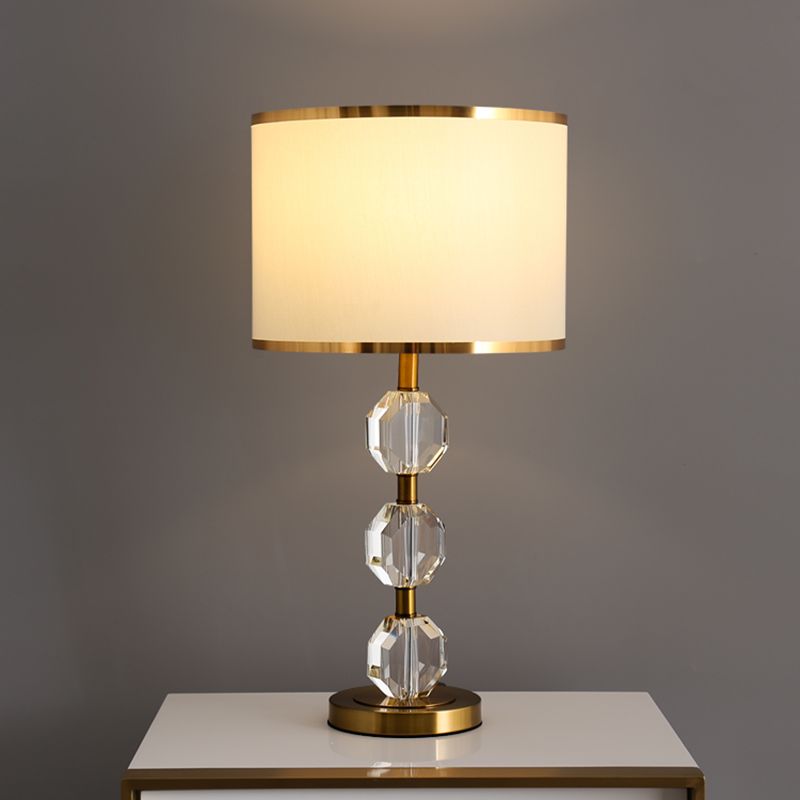 Beveled Crystal Gold Night Table Lamp Spherical 1 Bulb Traditional Fabric Desk Light for Bedroom