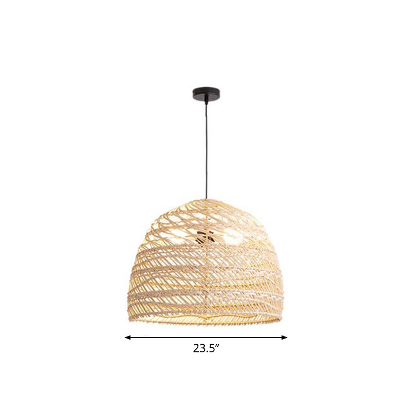 Domed Bedroom Ceiling Pendant Lamp Rattan 1-Head Rustic Suspension Light Fixture