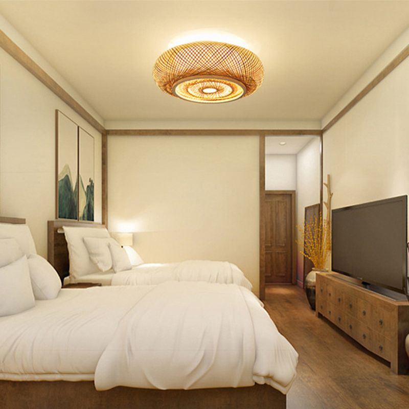 Cross Woven Flush Mount Ceiling Light Contemporary Rattan Ceiling Mount Light Fixture for Bedroom