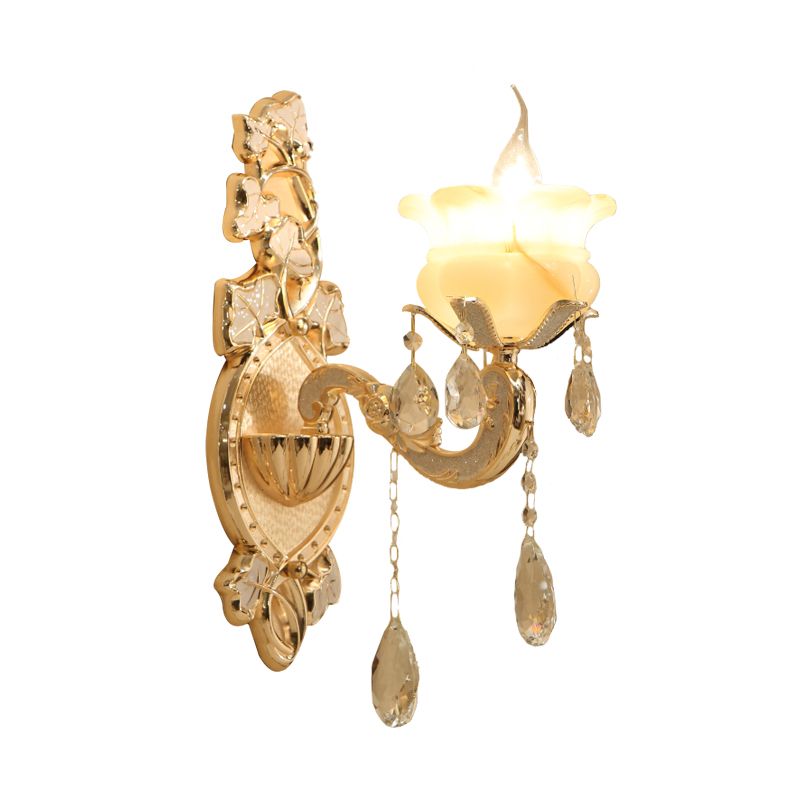 Traditional Candle Wall Mount Lamp 1/2 Heads White Glass Wall Sconce Lighting in Brass with Crystal Draping