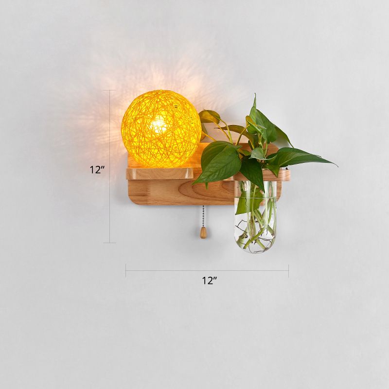 1-Light Rattan Wall Light Fixture Nordic Ball Living Room Sconce Lamp with Pull Chain and Plant Pot