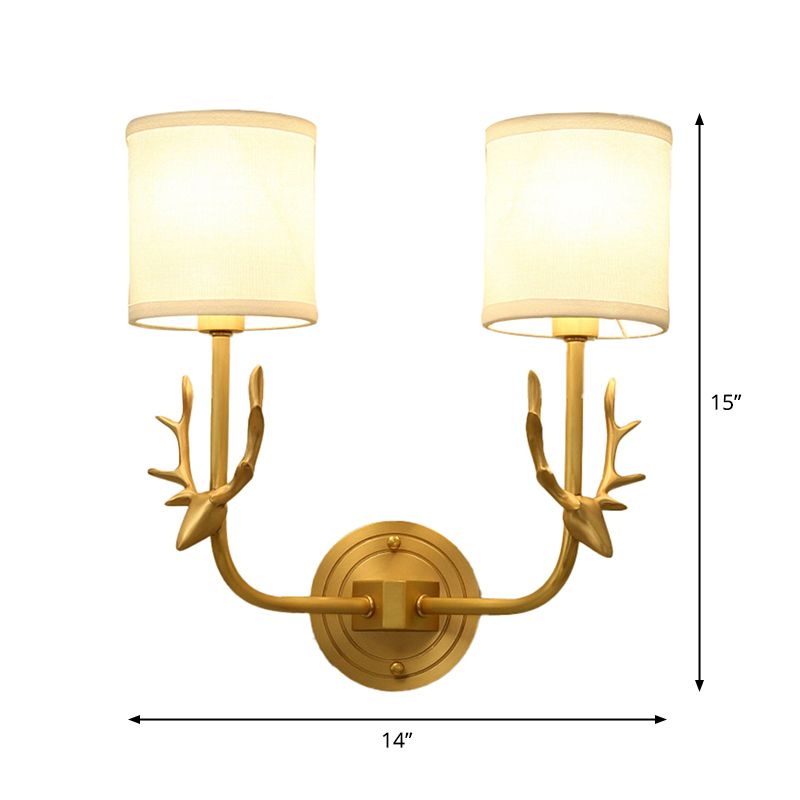 Gold Deer Wall Mounted Light Country Style Metal 2 Heads Bedroom Wall Lamp with Cylinder Fabric Shade