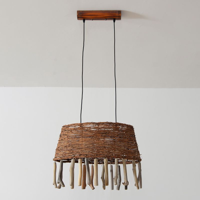 Rattan Oval Ceiling Hang Light Countryside 1 Head Wood Drop Pendant for Restaurant