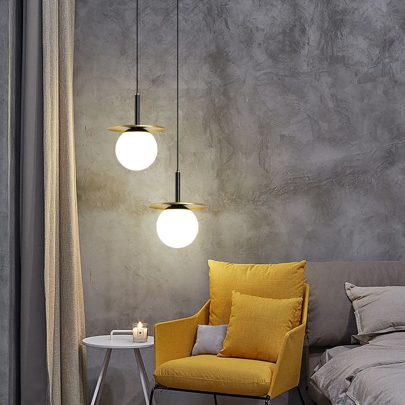 7" Wide White Glass Globe Mini Hanging Light with Round Metal Sheet Decoration Post-modern Style Simplicity Lighting Pendant in Gold