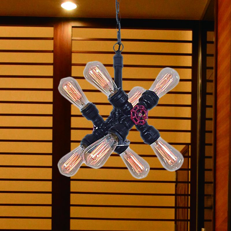 Farmhouse Cross Pipe Pendant Chandelier 8 Lights Metal Hanging Ceiling Lamp in Black for Living Room