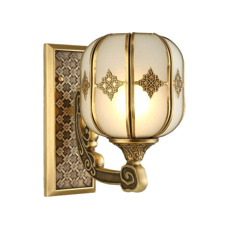 Lantern Bedroom Wall Sconce Light Colonial Frosted Glass 1-Bulb Gold Wall Lamp with Curved/Straight Arm