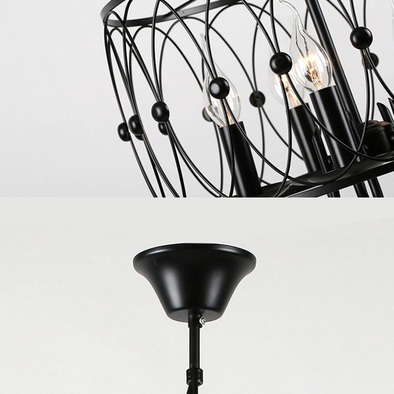 Black Drum Hanging Chandelier Rustic Style Metal 6 Heads Living Room Pendant Ceiling Light with Candle Design