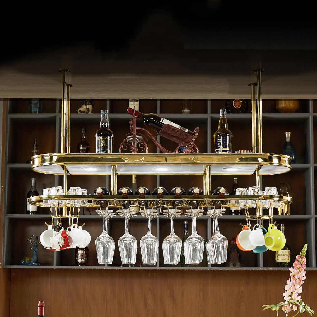 Glam Hanging Wine Rack Metal Wine Bottle & Glass Rack for Bar