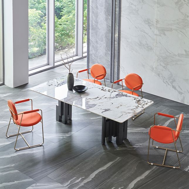 Modern Style Sintered Stone Dining Set with Grey Rectangle Shape Table and Double Pedestal Base