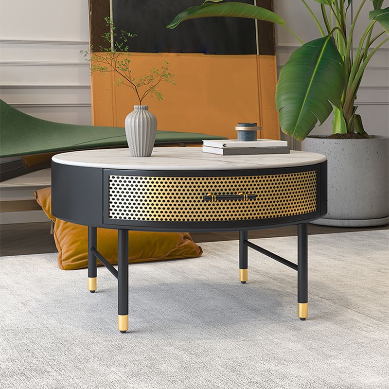 Glam 17.7" H Round Slate Coffee Table Iron 4 Legs Cocktail Table with Drawer