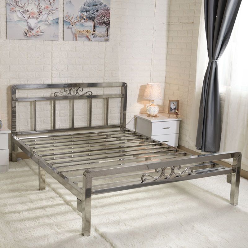 Modern Silver Steel Bed Rectangular Standard Bed with Metal Legs