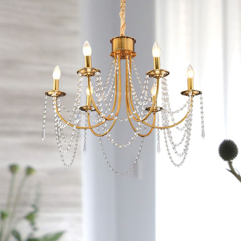 6 cabezas estilo vela colgante de techo lámpara de techo de cuentas de cristal de oro moderno
