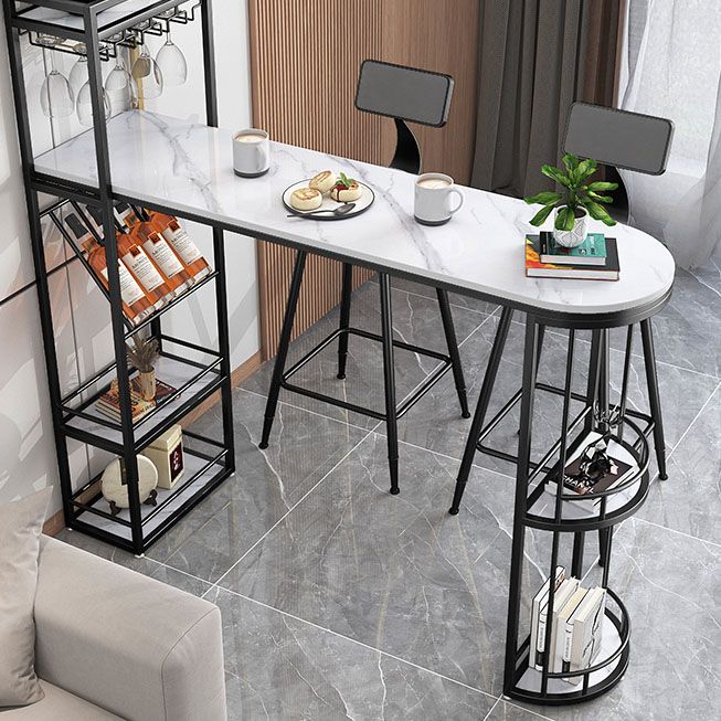 White Stone Bar Table with Storage Modern Specialty Pub Table for Dining Room