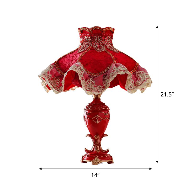 Resin Urn Night Table Light Modern 1 Head Red Nightstand Lighting with Fabric Shade for Bedroom