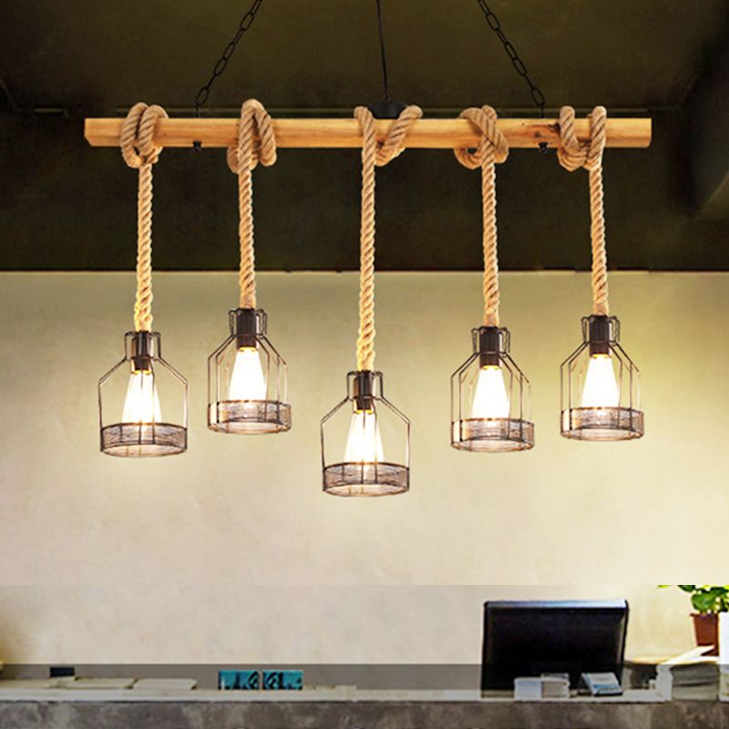 Industrial Wood Pendant Light Linear Shape Island Light with Metal Shade for Bar Counter