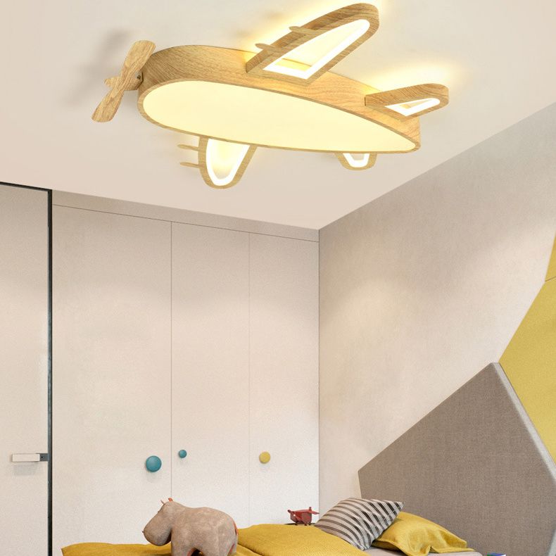 Wooden Airplane Shaped Ceiling Mount Light Cartoon LED Flush Light for Childrens Bedroom