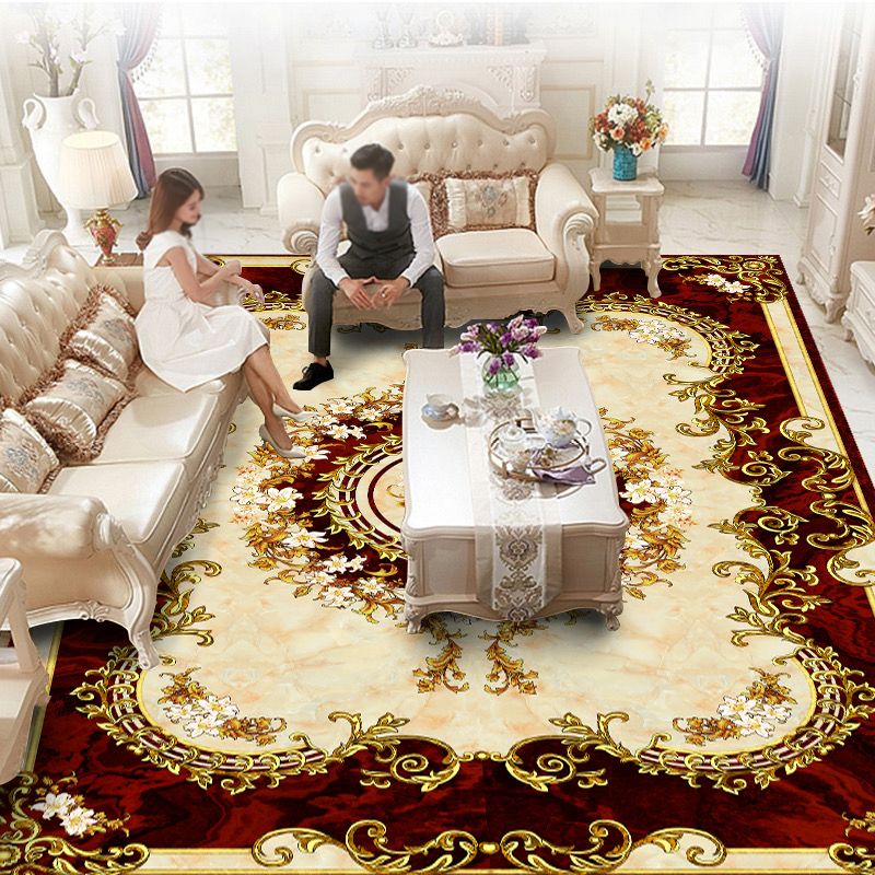Luxurious Marble Surface Rug Decorative Floral Print Carpet Non-Slip Backing Rug for Living Room