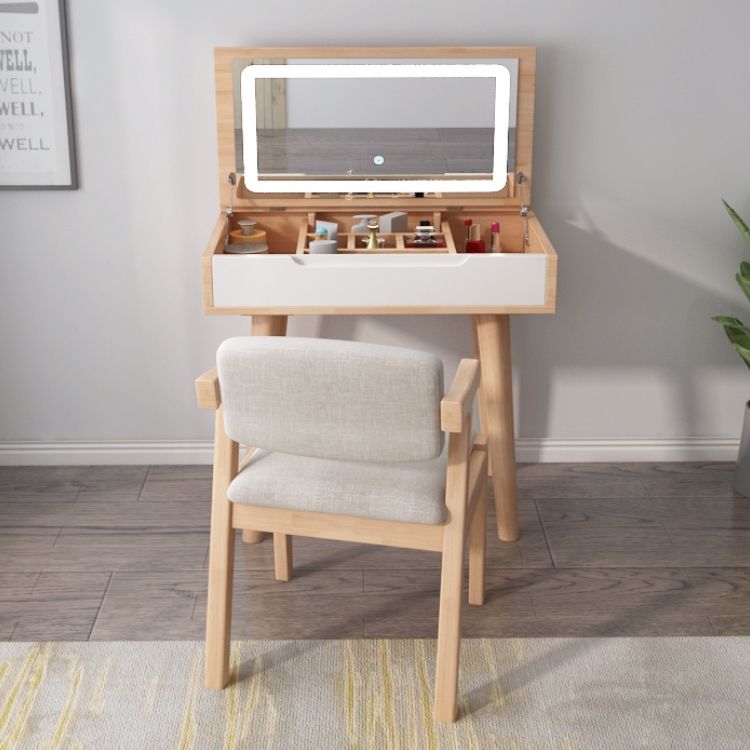 Modern Rubberwood Dressing Table Set with Stool 1-Mirror Wood Vanity Table