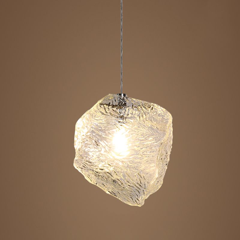 Icy Glass Stone Shaped Suspension Lamp Simplicity 1-Light Chrome Pendant for Dining Room