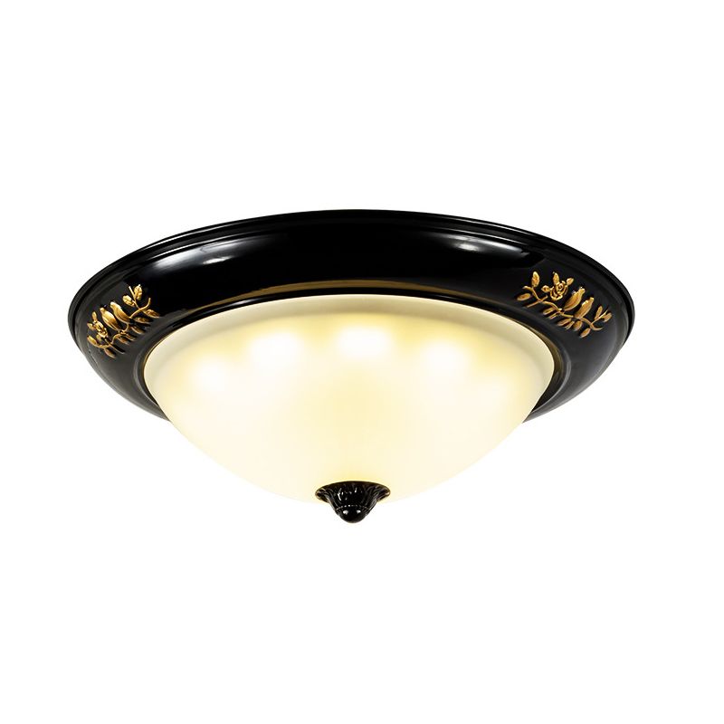 3 Heads Ceiling Mounted Light Traditional Living Room Flush Lamp Fixture with Dome Opal Glass Shade in Black