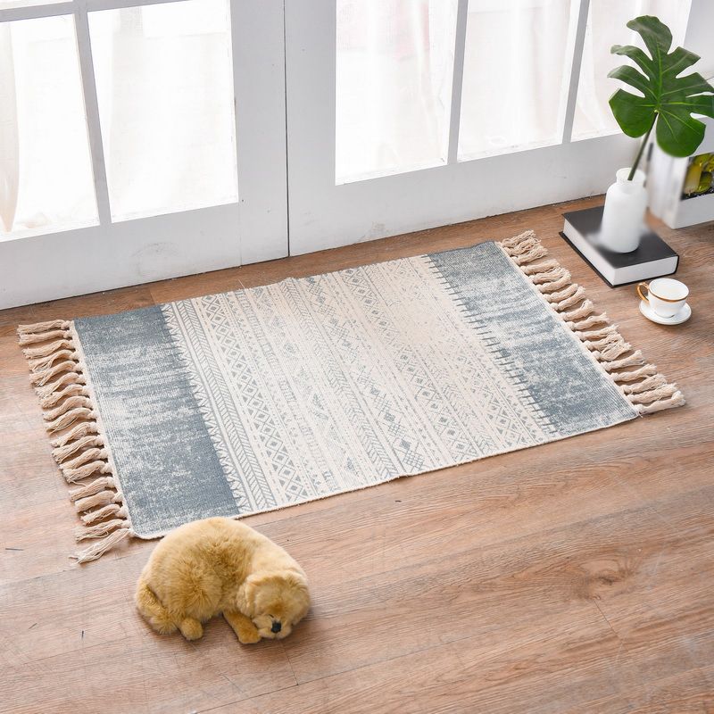Bohemian Rug Cotton Fringe Carpet Non-Slip Backing Area Rug for Living Room