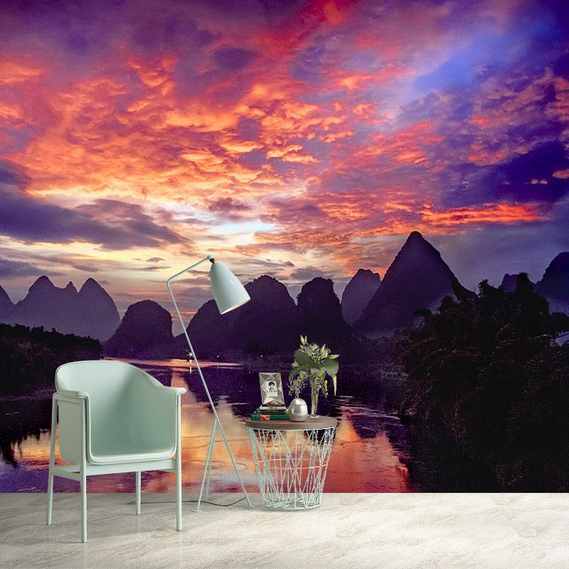 Whole Guilin Scenery Wall Mural Modern Picturesque Evening Glow Wall Art in Orange-Purple