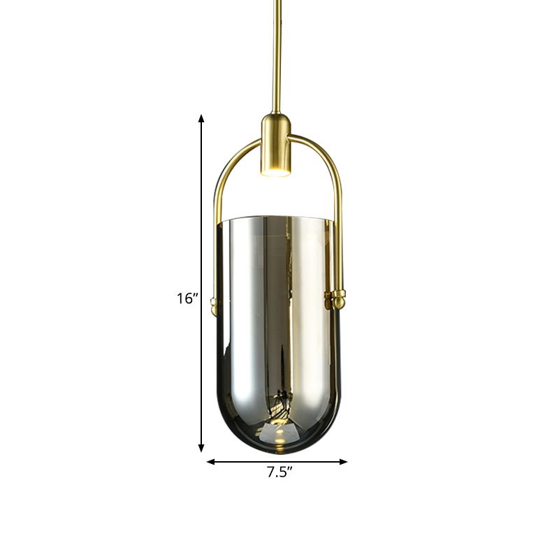 Inverted Elongated Dome Pendant Lamp Retro Novelty Smoke Grey Glass Brass LED Hanging Light with Handle