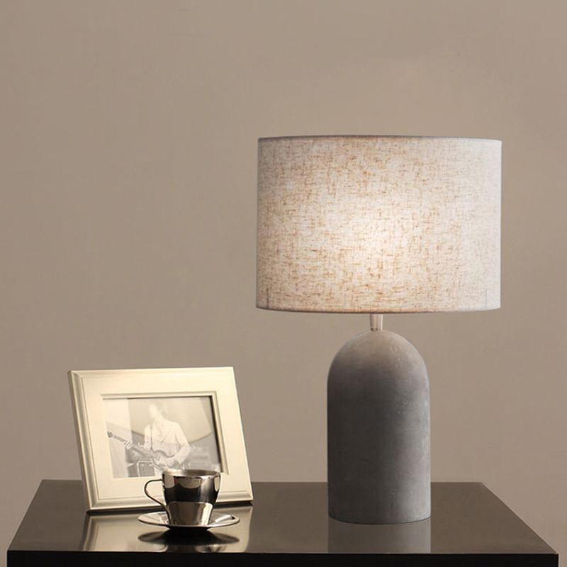 Drum Nightstand Lamp Modern Style Fabric 1 Bulb Bedside Table Light with Cement Base in Grey