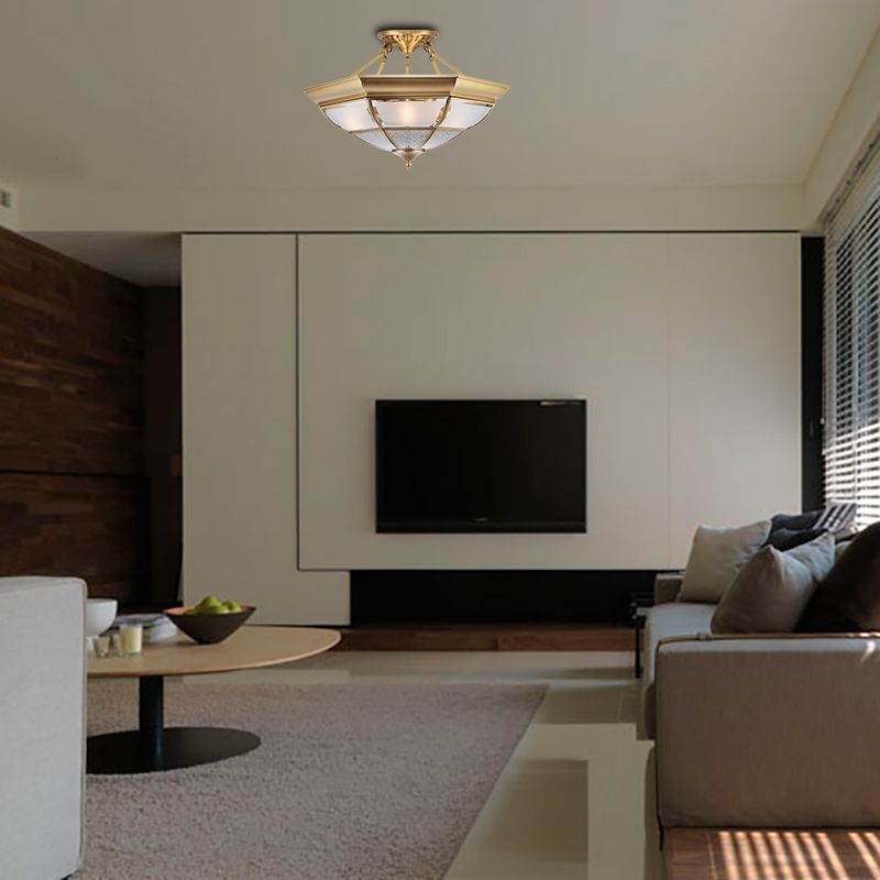 3/4-Light White Glass Semi Flush Colonialist Brass Inverted Living Room Close to Ceiling Lighting, 16"/19.5" W