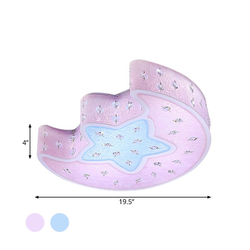 Moon and Star Flush Mount Pendant Fixture Modernist Acrylic Blue/Pink LED Ceiling Lighting with Crystal Deco for Bedroom