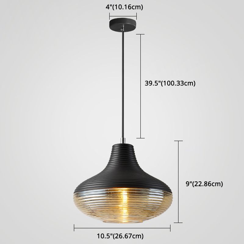 1 Light Pendant Light Modern Ribbed Glass Shade Metal Hanging Lamp in Black