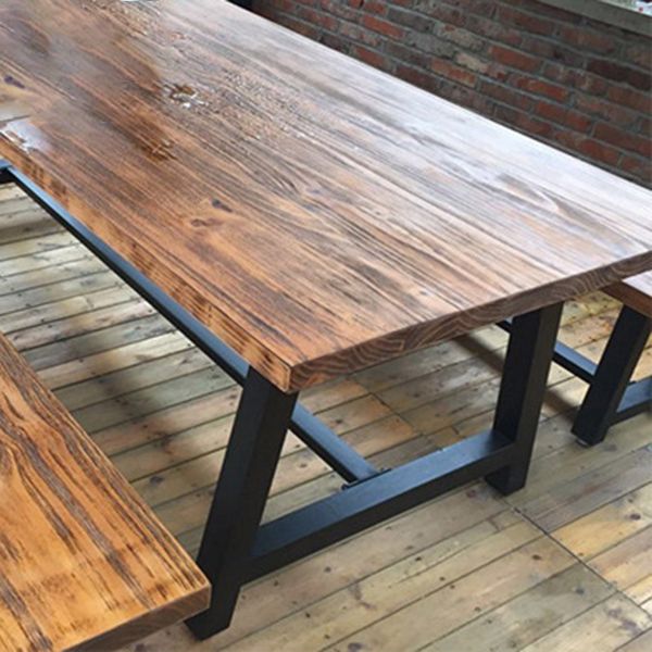 Solid Wood Top Dining Table Industrial Rectangle Table with Trestle Base in Black
