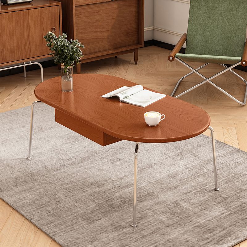 Steel 4 Legs Cocktail Table Oval Wood Top Coffee Table with Drawer