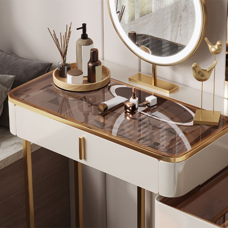 Luxurious Glass Vanity Table with Mirror & Stool 3 Drawers Beige Dressing Table