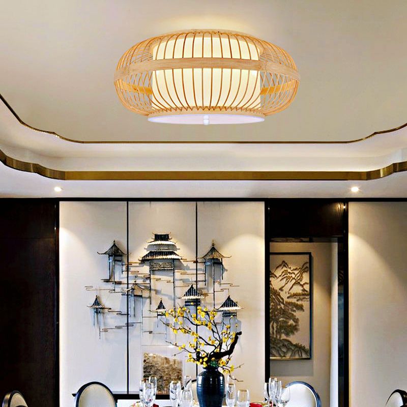 Japanese Style Bamboo Flush Mount Drum Shape Beige Flush Mount Ceiling Fixture for Living Room