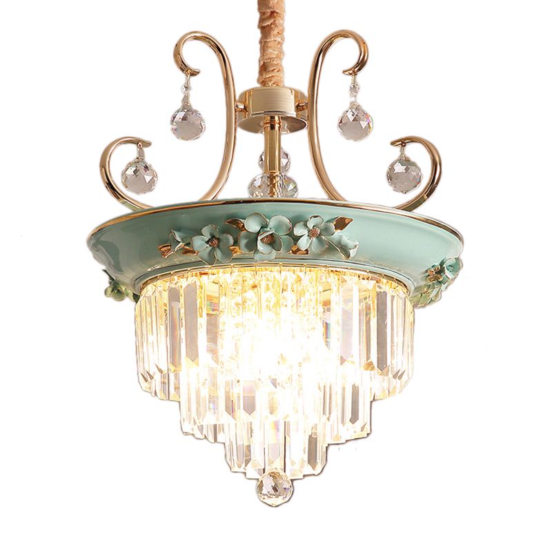 3 Bulbs Tiered Ceiling Chandelier Modernism Crystal Hanging Pendant Light in White/Green