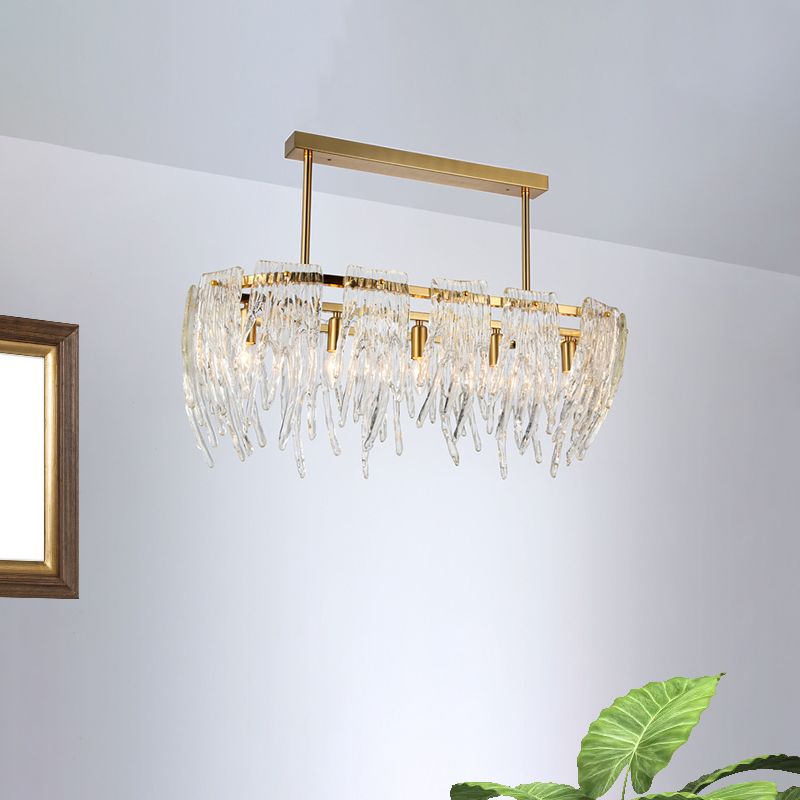Oblong Crystal Island Pendant Light Postmodern 5 Lights Dining Room Down Lighting in Gold