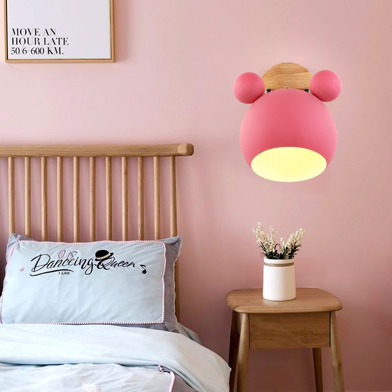 Modern Nordic Macaron Wall Lamp Wooden Globe Wall Light with Wrought Iron Shade