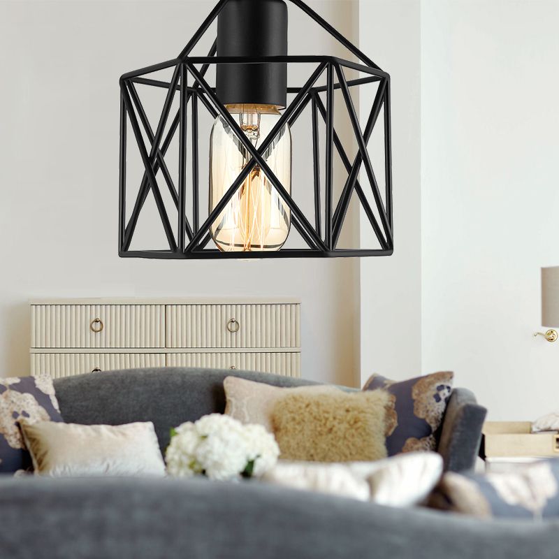 Hexagon Iron Ceiling Mounted Fixture with Cage Shade Vintage Stylish 1 Bulb Balcony Close to Ceiling Lamp in Black/White