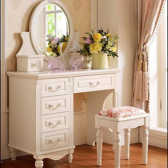 Victorian White Makeup Vanity Desk Bedroom Dressing Table Stool Set with Drawer