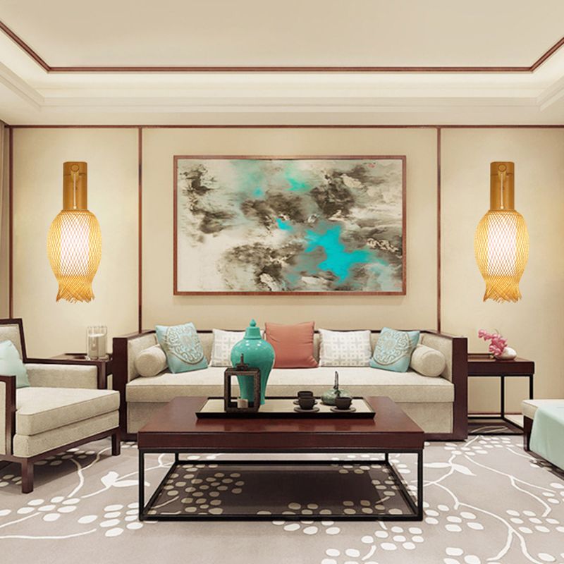 In tema Sconce Contemporary Bamboo 1 lampadina in legno con lampadina con tonalità di pergamena in cilindro bianco interno