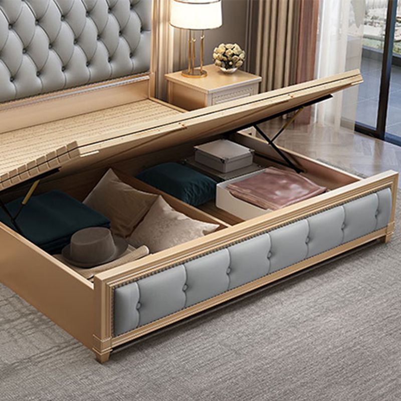 Glam wood Bed Frame Tufted Faux Leather Standard Bed with Headboard