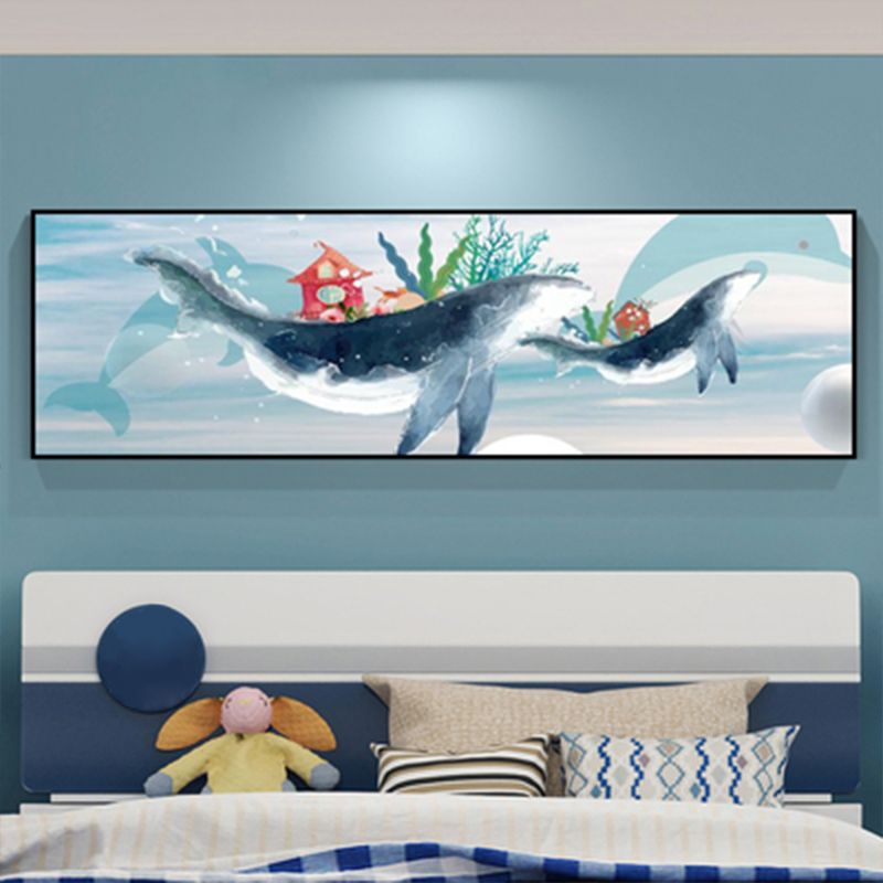Fantasy Flying Whale Canvas Cartoon Textured Wall Art Print in Soft Color for Kids Room
