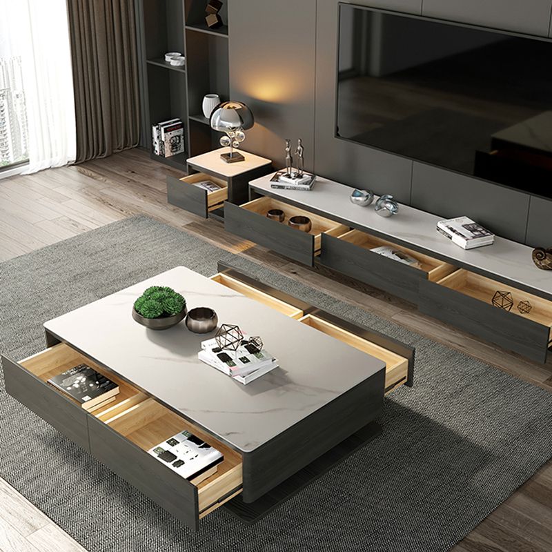 Contemporary Rectangular Stone Coffee Table 16.9" H Block Cocktail Table with 4 Drawers