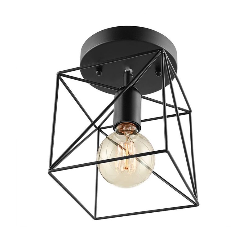 Lámpara de techo cuadrada de estilo industrial con marco de alambre, luz semi empotrada de metal de 1 cabezal en negro