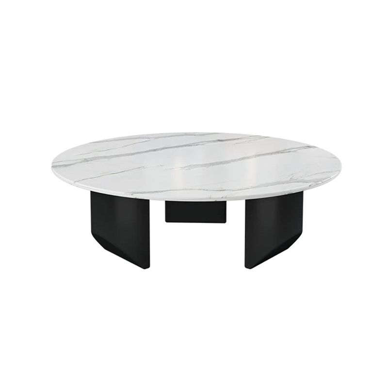 Modern Style Round Coffee Table with Iron Craft Black Base and Rock Slab White Top